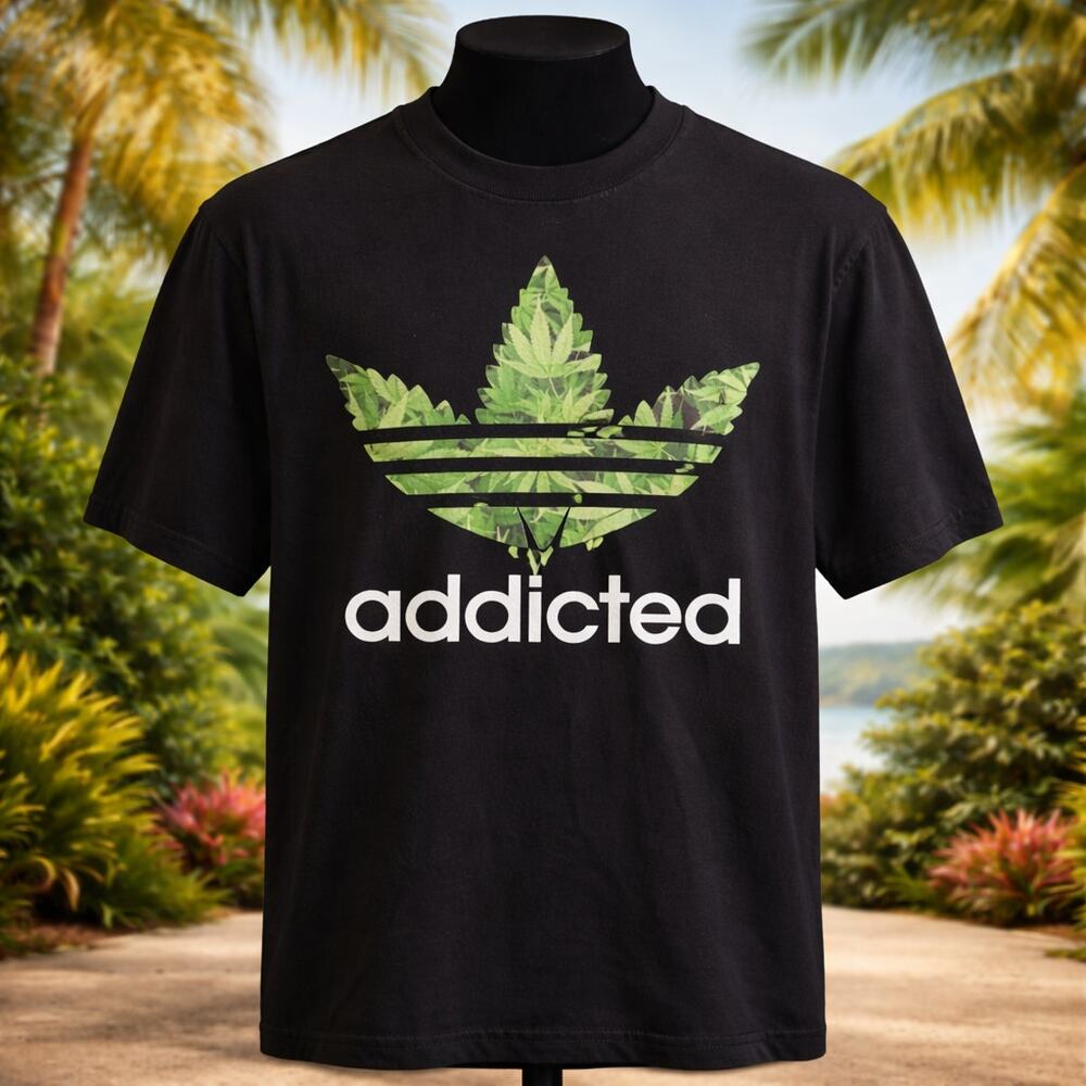 Addicted Pro Athletic Black Graphic Weed Smoke Tee Shirt T-Shirt M
